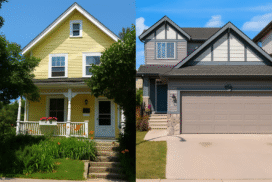 Side-by-side comparison of an older yellow Ottawa home with porch and flowers next to a modern gray suburban home with garage, illustrating old vs new homes.