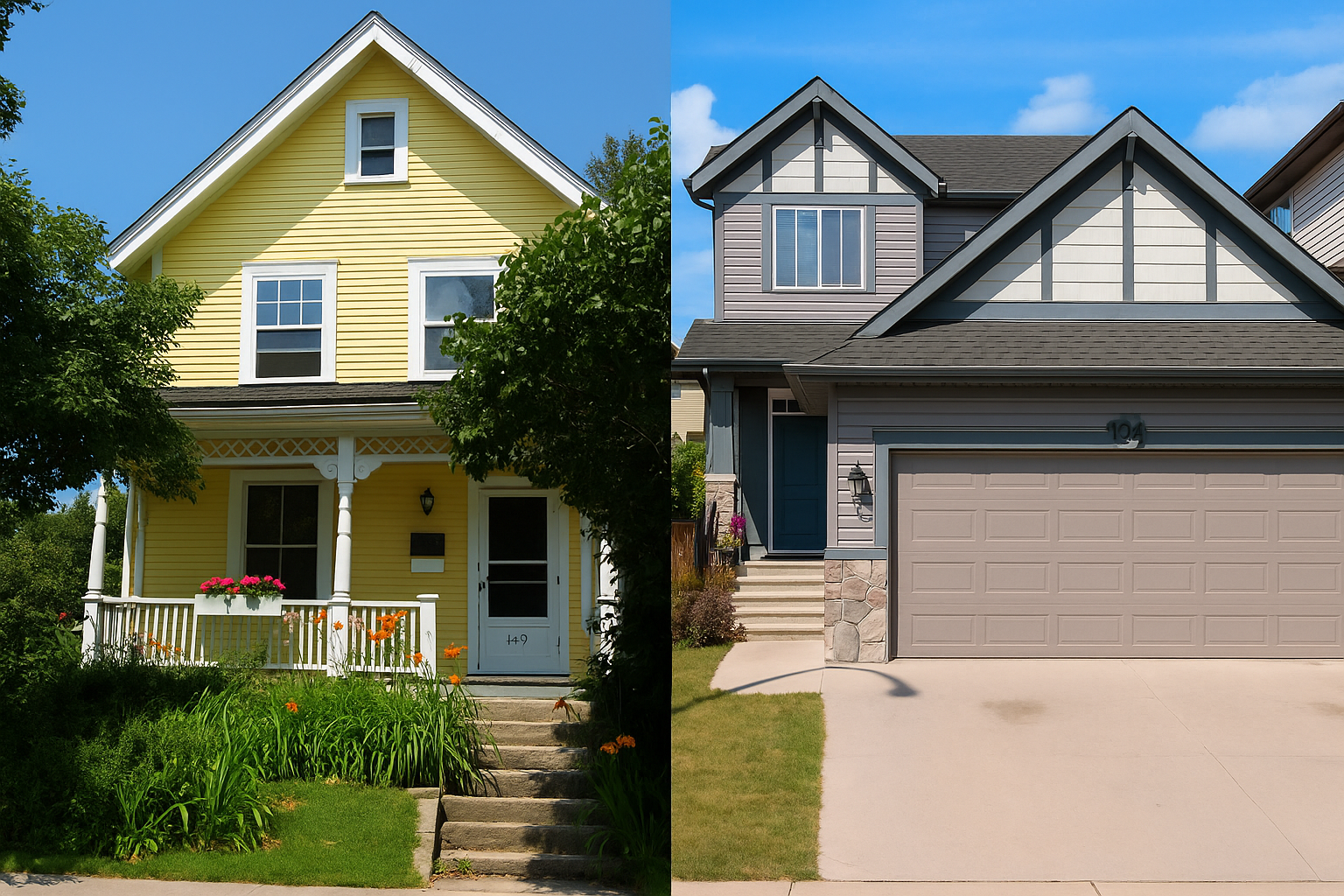 Side-by-side comparison of an older yellow Ottawa home with porch and flowers next to a modern gray suburban home with garage, illustrating old vs new homes.